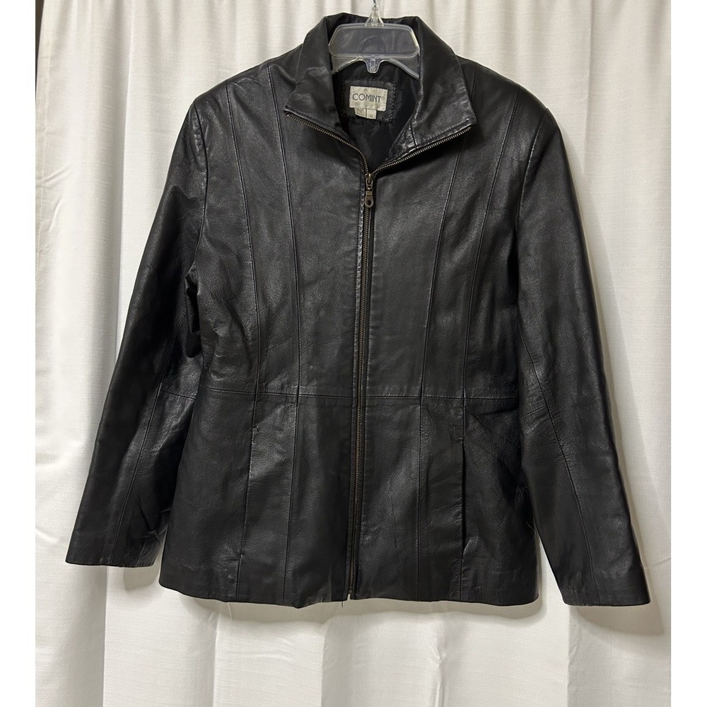 Comint Womens Vintage Y2K Black Leather Zip Front Collared Jacket M